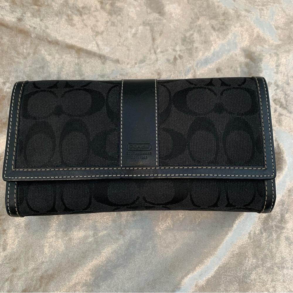 Coach Wallet- Black Tri-Fold Signature Logo With Checkbook Cover